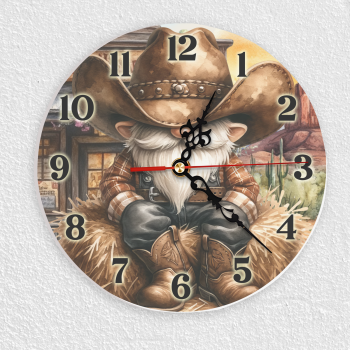 Wanduhr aus Glas mit Wichtel Cowboy Motiv